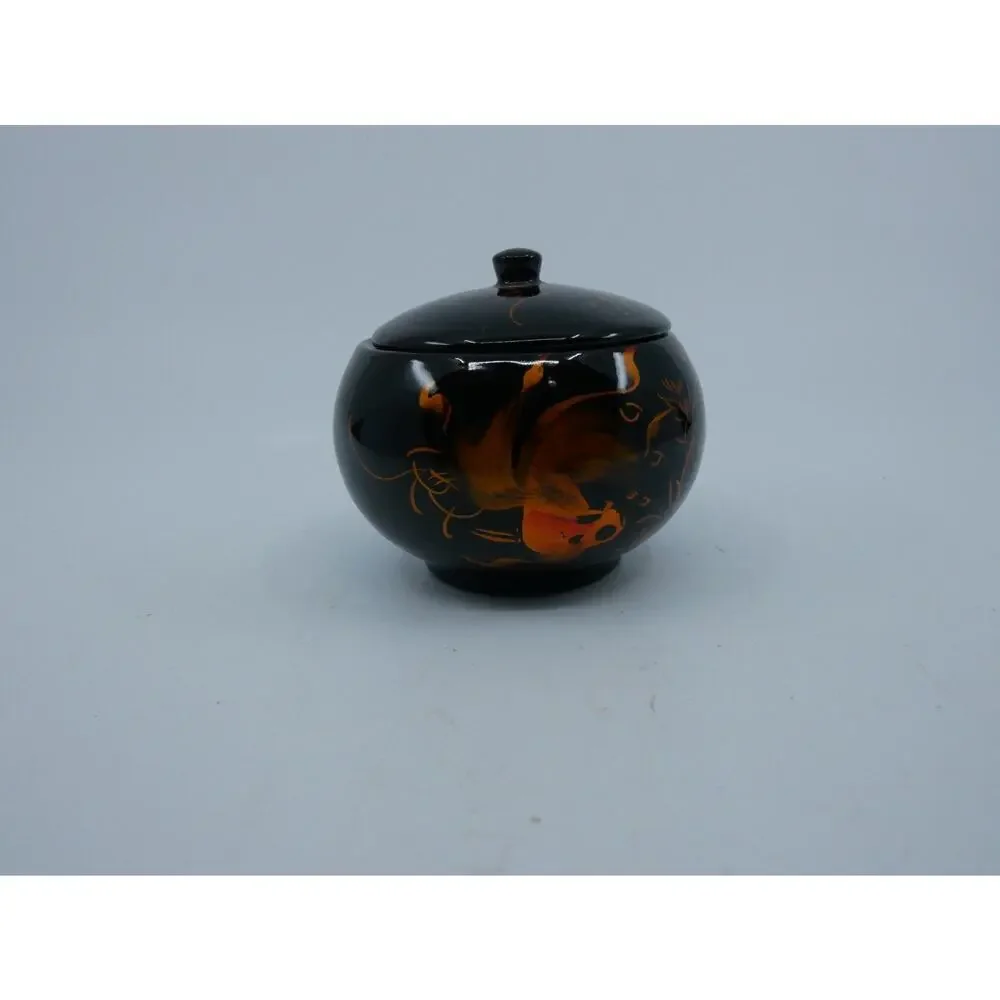 Round Lidded Lacquer Trinket Box Fancy Goldfish Hand Painted Designs Black Gloss